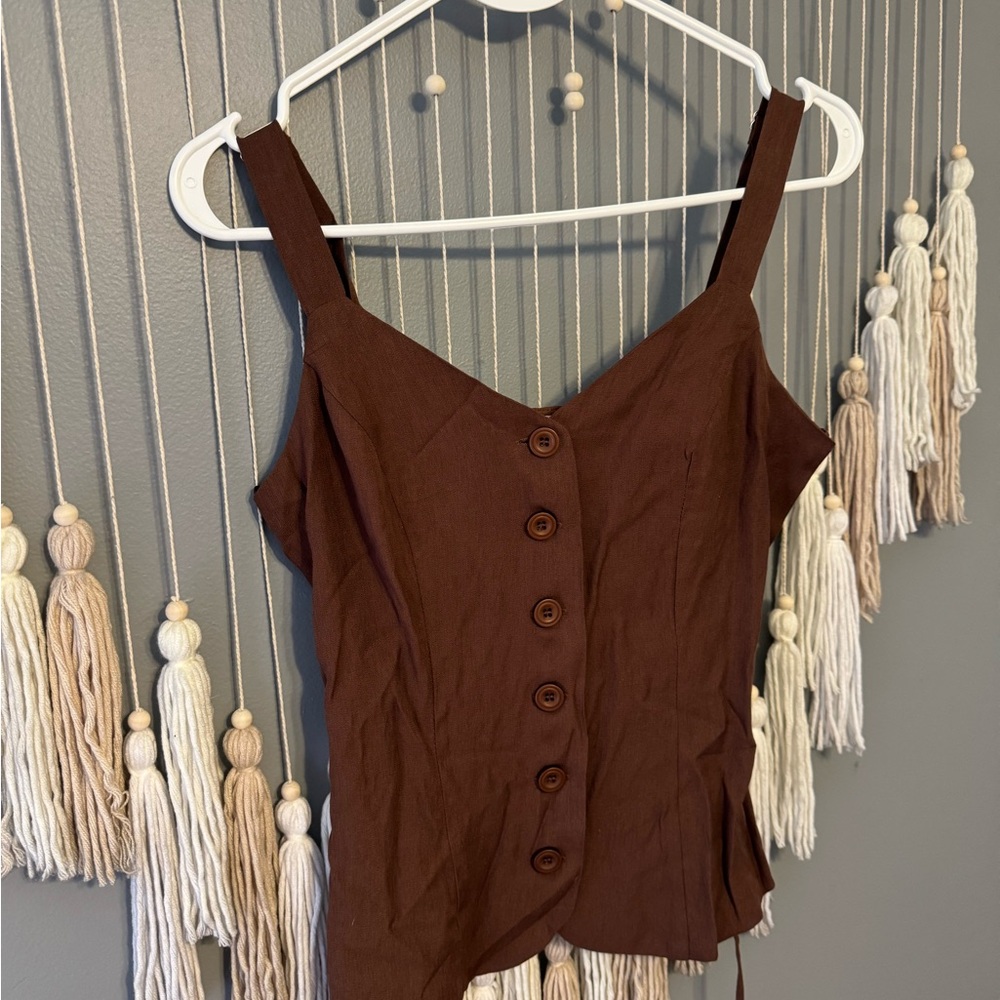 LG Brown Button-Up Women's Linen Pansuit